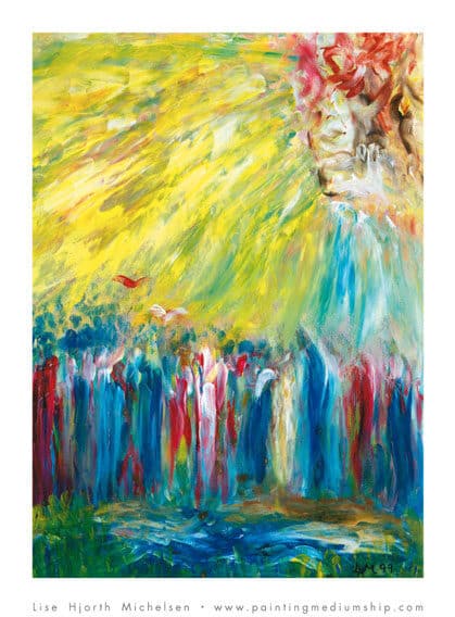 Trykt kort af maleriet: Jesus Før og Efter Korsfæstelsen. Maleriet forestiller Jesus, der prædiker på jorden, mens Helligånden svæver over menneskemængden, for at fylde de hjerter, der åbner sig for Jesus med Helligånden, mens Den Korsfæstede Jesus Kristus ser ned fra Himlen.